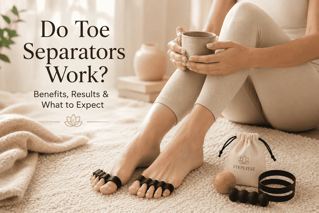 Woman relaxing at home using gel toe separators for foot comfort