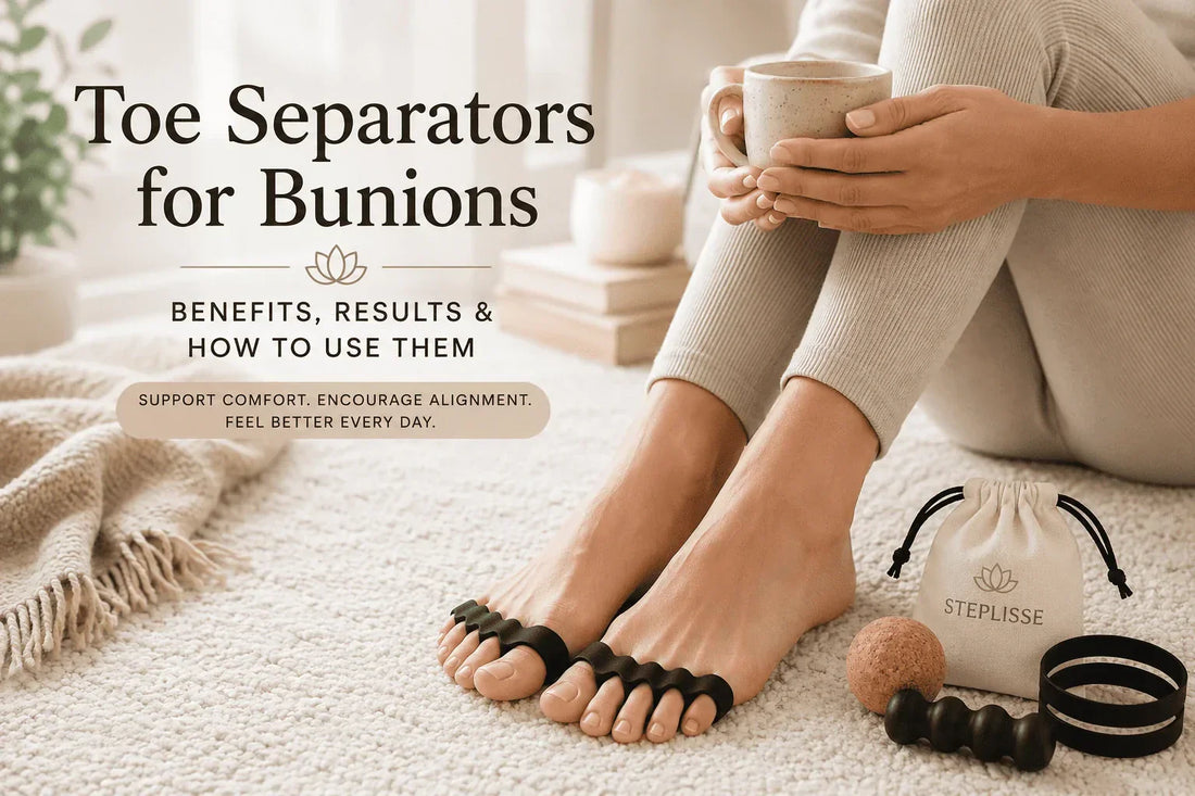 Woman using gel toe separators for bunion comfort and natural toe alignment at home
