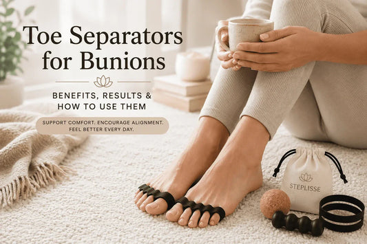 Woman using gel toe separators for bunion comfort and natural toe alignment at home