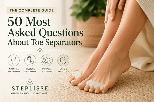 Woman using gel toe separators for foot alignment and bunion relief