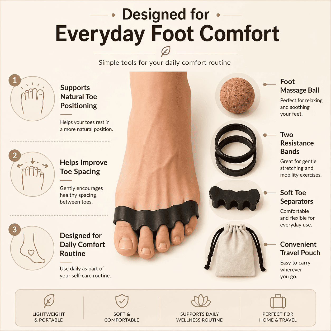 Infographic showing toe separator comfort kit with foot, massage ball, resistance bands and travel pouch for daily routine